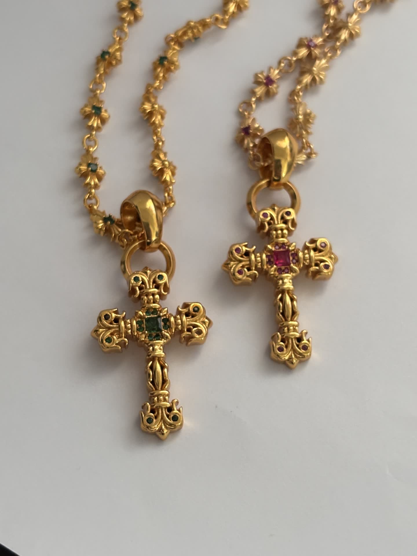 Chrome Hearts Gold Tone Emerald Cross Pendant Necklace